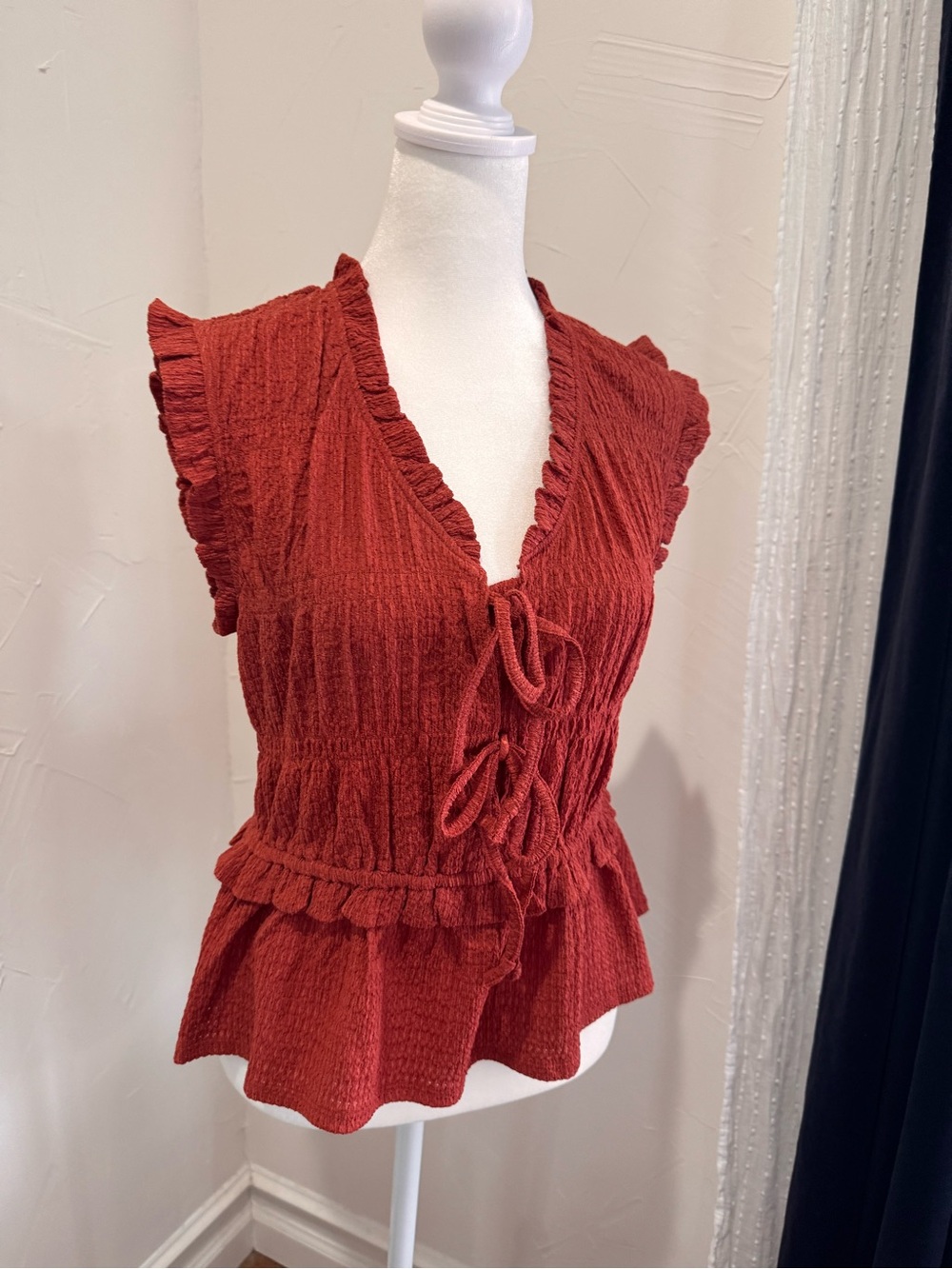 Time and Tru Rust Ruffle Tie-Front Tank Top